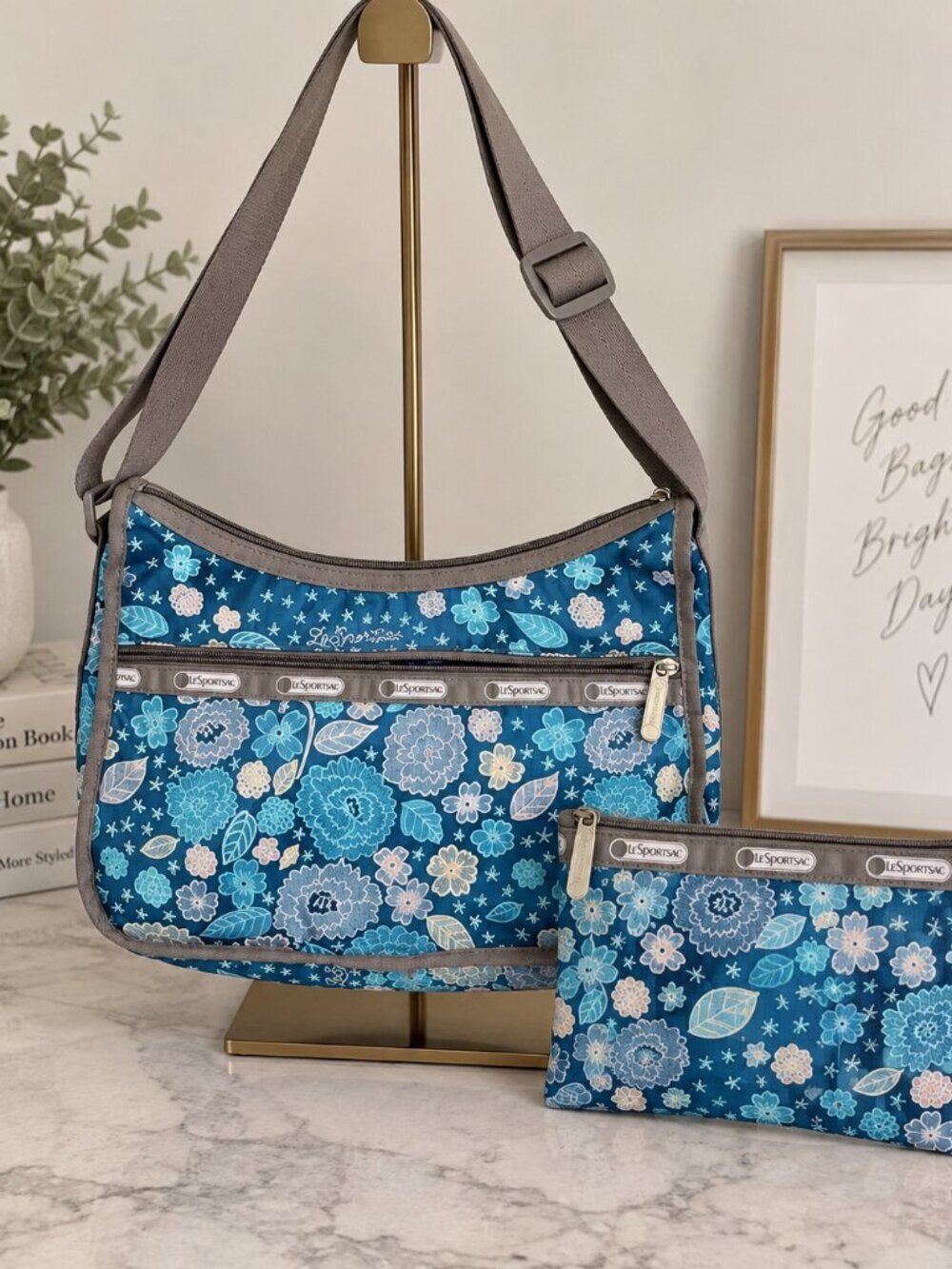 LeSportsac Classic Hobo Crossbody Bag Blue Floral Doodle Print Lightweight